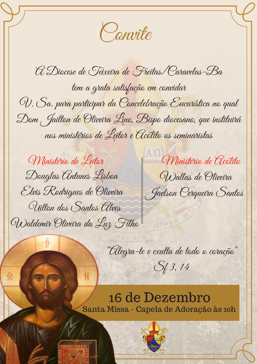 Convite: O seminarista Jaelson receberá a instituição no Ministério de Acólito